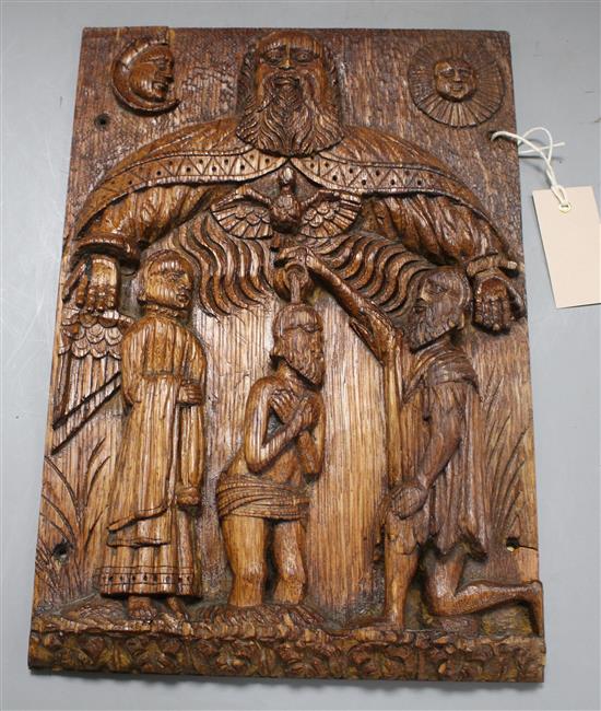 A set of four 19th century Continental relief carved oak religious plaques, depicting biblical scenes, 38 x 29cm